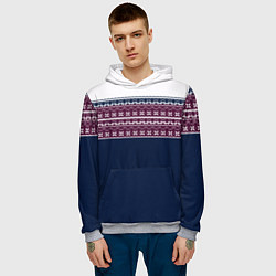 Толстовка-худи мужская Скандинавский орнамент на синем, бордовом фоне, цвет: 3D-меланж — фото 2
