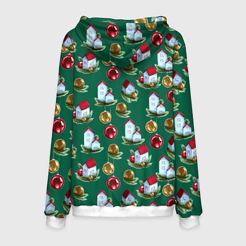 Мужская толстовка Новогодние домики на зеленом - паттерн / 3D-Белый – фото 2