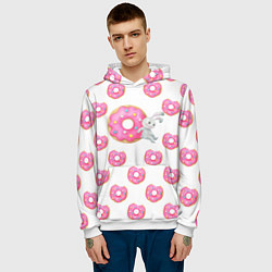 Толстовка-худи мужская Серый кролик с розовыми пончиками, цвет: 3D-белый — фото 2