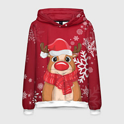 Толстовка-худи мужская Новогодний олень и снежинки, цвет: 3D-белый