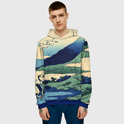 Толстовка-худи мужская Журавли - японский художник Хокусай Фудзи, цвет: 3D-синий — фото 2