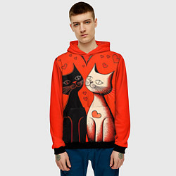 Толстовка-худи мужская Влюблённые кошки на красном фоне, цвет: 3D-черный — фото 2