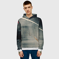 Толстовка-худи мужская Серый туман и красные, оранжевые, белые мазки крас, цвет: 3D-белый — фото 2