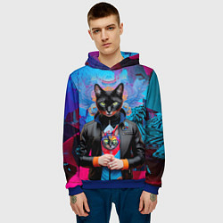 Толстовка-худи мужская Чёрная модница кошка - нейросеть, цвет: 3D-синий — фото 2