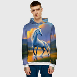 Толстовка-худи мужская Белая лошадь на рассвете, цвет: 3D-белый — фото 2