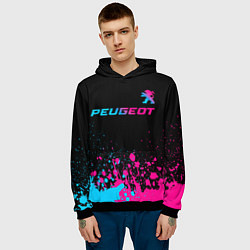 Толстовка-худи мужская Peugeot - neon gradient: символ сверху, цвет: 3D-черный — фото 2