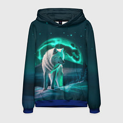 Толстовка-худи мужская Белый волк в зимнем лесу, цвет: 3D-синий