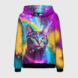 Толстовка-худи мужская Полосатый кот с разноцветной звездной туманностью, цвет: 3D-черный