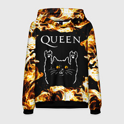 Толстовка-худи мужская Queen рок кот и огонь, цвет: 3D-черный