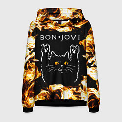 Толстовка-худи мужская Bon Jovi рок кот и огонь, цвет: 3D-черный