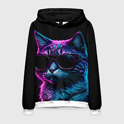 Толстовка-худи мужская Неоновый котик в очках, цвет: 3D-белый