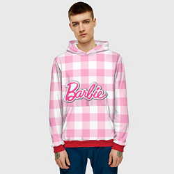 Толстовка-худи мужская Барби лого розовая клетка, цвет: 3D-красный — фото 2