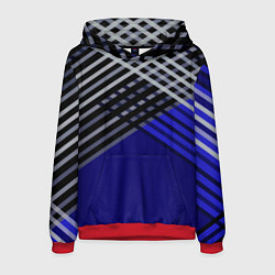 Толстовка-худи мужская Белые и серые полосы на синем фоне, цвет: 3D-красный