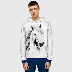 Толстовка-худи мужская Лошадь белая на ветру, цвет: 3D-синий — фото 2