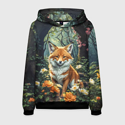 Толстовка-худи мужская Лисица в лесу в цветах, цвет: 3D-черный