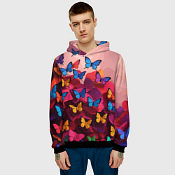 Толстовка-худи мужская Разноцветные бабочки - розовые цветы, цвет: 3D-черный — фото 2