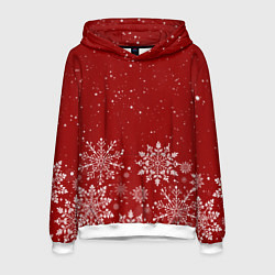 Толстовка-худи мужская Текстура снежинок на красном фоне, цвет: 3D-белый