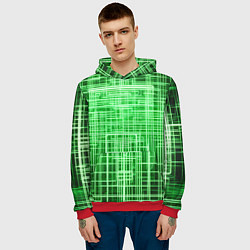 Толстовка-худи мужская Зелёные неоновые полосы киберпанк, цвет: 3D-красный — фото 2