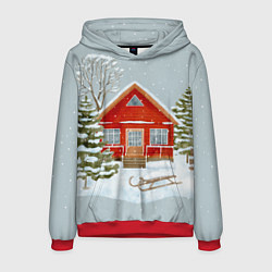 Толстовка-худи мужская Красный дом в зимнем лесу, цвет: 3D-красный