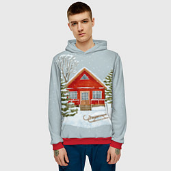 Толстовка-худи мужская Красный дом в зимнем лесу, цвет: 3D-красный — фото 2