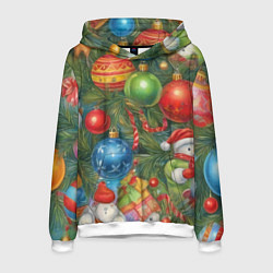Толстовка-худи мужская Новогодний принт на елке, цвет: 3D-белый