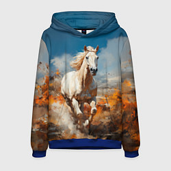 Толстовка-худи мужская Белая лошадь скачет в поле, цвет: 3D-синий