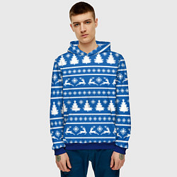 Толстовка-худи мужская Синий свитер с новогодними оленями, цвет: 3D-синий — фото 2