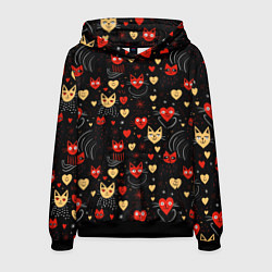 Толстовка-худи мужская Паттерн с сердечками и котами валентинка, цвет: 3D-черный