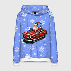 Толстовка-худи мужская Дед Мороз едет на машине, цвет: 3D-белый