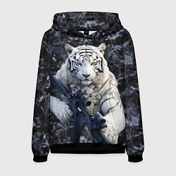 Толстовка-худи мужская Белый тигр солдат, цвет: 3D-черный