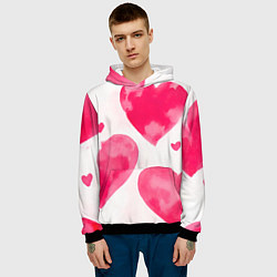 Толстовка-худи мужская Красные сердечки акварель, цвет: 3D-черный — фото 2