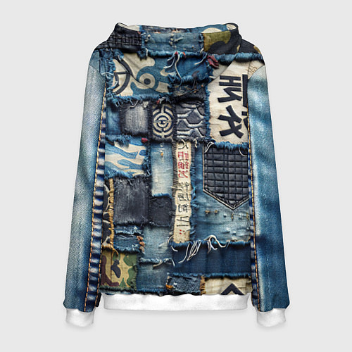 Мужская толстовка Иероглифы на пэчворк дениме / 3D-Белый – фото 2
