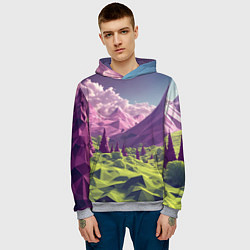 Толстовка-худи мужская Геометрический зеленый пейзаж и фиолетовые горы, цвет: 3D-меланж — фото 2