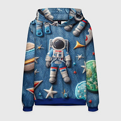 Толстовка-худи мужская Космонавт - вышивка по джинсе нейросеть, цвет: 3D-синий