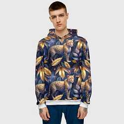 Толстовка-худи мужская Леопард с золотыми листьями паттерны, цвет: 3D-белый — фото 2