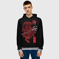 Толстовка-худи мужская Дракон с катаной - кодекс самурая, цвет: 3D-меланж — фото 2