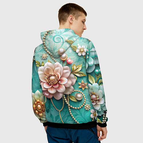 Мужская толстовка Объемные цветы и жемчуг / 3D-Черный – фото 4