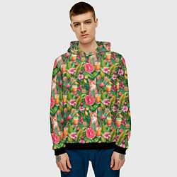 Толстовка-худи мужская Летний котик с коктейлем в тропических цветах, цвет: 3D-черный — фото 2