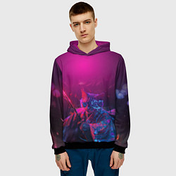 Толстовка-худи мужская Кот самурай с катаной киберпанк, цвет: 3D-черный — фото 2