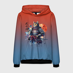 Толстовка-худи мужская Кот самурай - бусидо, цвет: 3D-черный