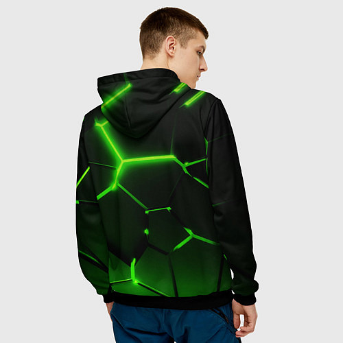 Мужская толстовка Темные зеленые неоновые плиты в разломе / 3D-Черный – фото 4