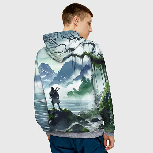 Мужская толстовка Самурай на берегу горного озера - нейросеть / 3D-Меланж – фото 4