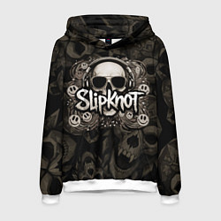 Толстовка-худи мужская Slipknot на фоне черепа в очках и наушниках, цвет: 3D-белый