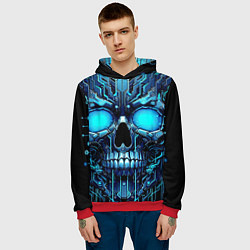 Толстовка-худи мужская Неоновый кибер череп - нейроарт микросхема, цвет: 3D-красный — фото 2