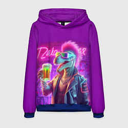 Толстовка-худи мужская Панк динозавр с кружкой пива - неоновое свечение, цвет: 3D-синий