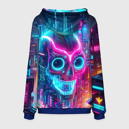 Мужская толстовка Neon skull in metropolis - future / 3D-Синий – фото 2