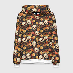 Толстовка-худи мужская Черепа и цветы - паттерн, цвет: 3D-белый