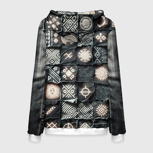 Мужская толстовка Африканские знаки на пэчворк дениме / 3D-Белый – фото 2