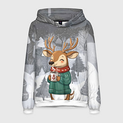 Толстовка-худи мужская Олень с кофе в лесу, цвет: 3D-белый