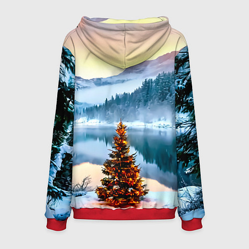 Мужская толстовка Новогодняя елочка на берегу озера / 3D-Красный – фото 2